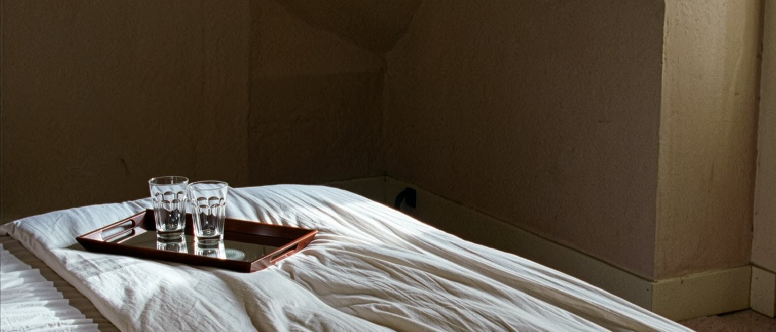 a bedroom made up like a room away from home: fresh sheets, the clutter cleared, a tray with two glasses set down on the end of the bed