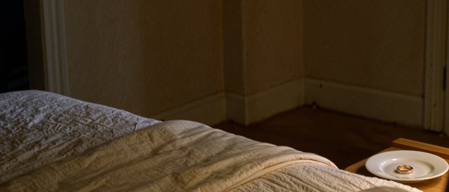 a bedroom with the covers on one side never turned back and a wedding ring in a saucer on the far bedside table