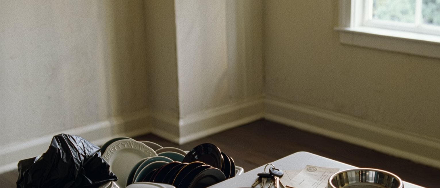 a kitchen seen close with the bin overflowing, a stack of unwashed plates in the sink, a dog bowl empty and a set of keys on the table beside an unopened letter, the window soft behind