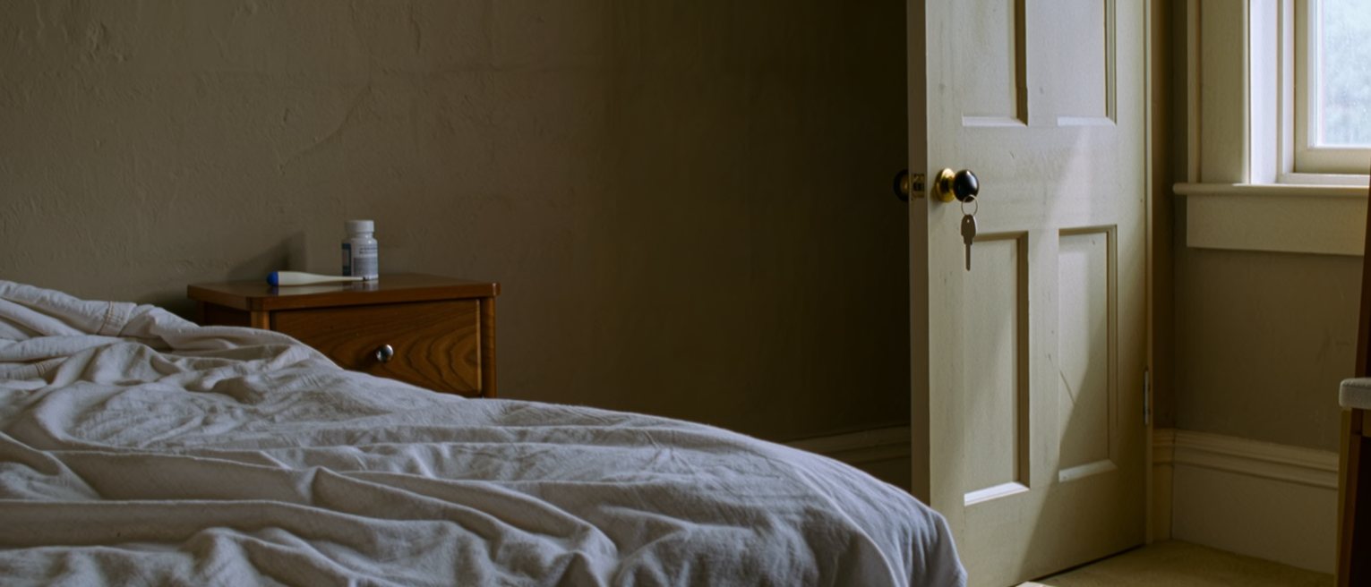 a bedroom seen close with the bed unmade and the sheets twisted, a phone off its hook on the floor, a thermometer and a bottle of pills on the bedside table, the door with the key still in it soft behind