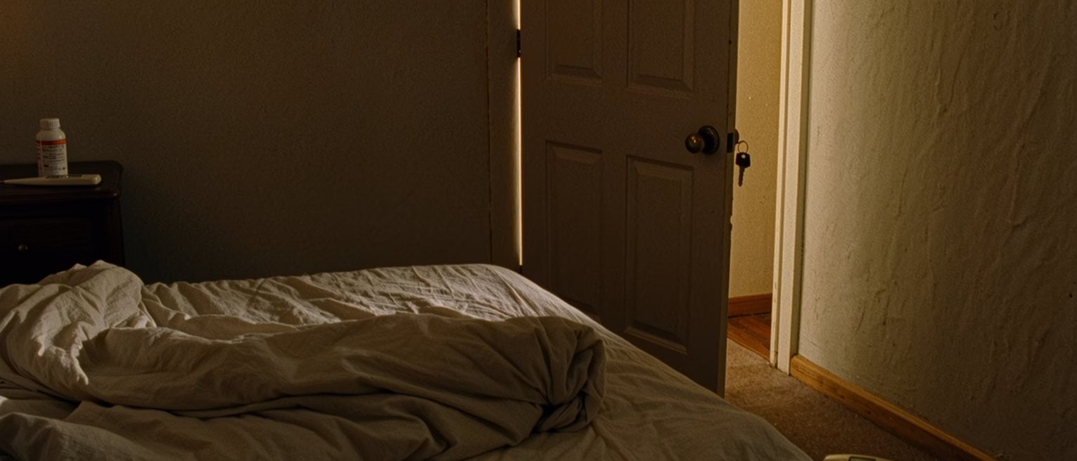 a bedroom seen close with the bed unmade and the sheets twisted, a phone off its hook on the floor, a thermometer and a bottle of pills on the bedside table, the door with the key still in it soft behind