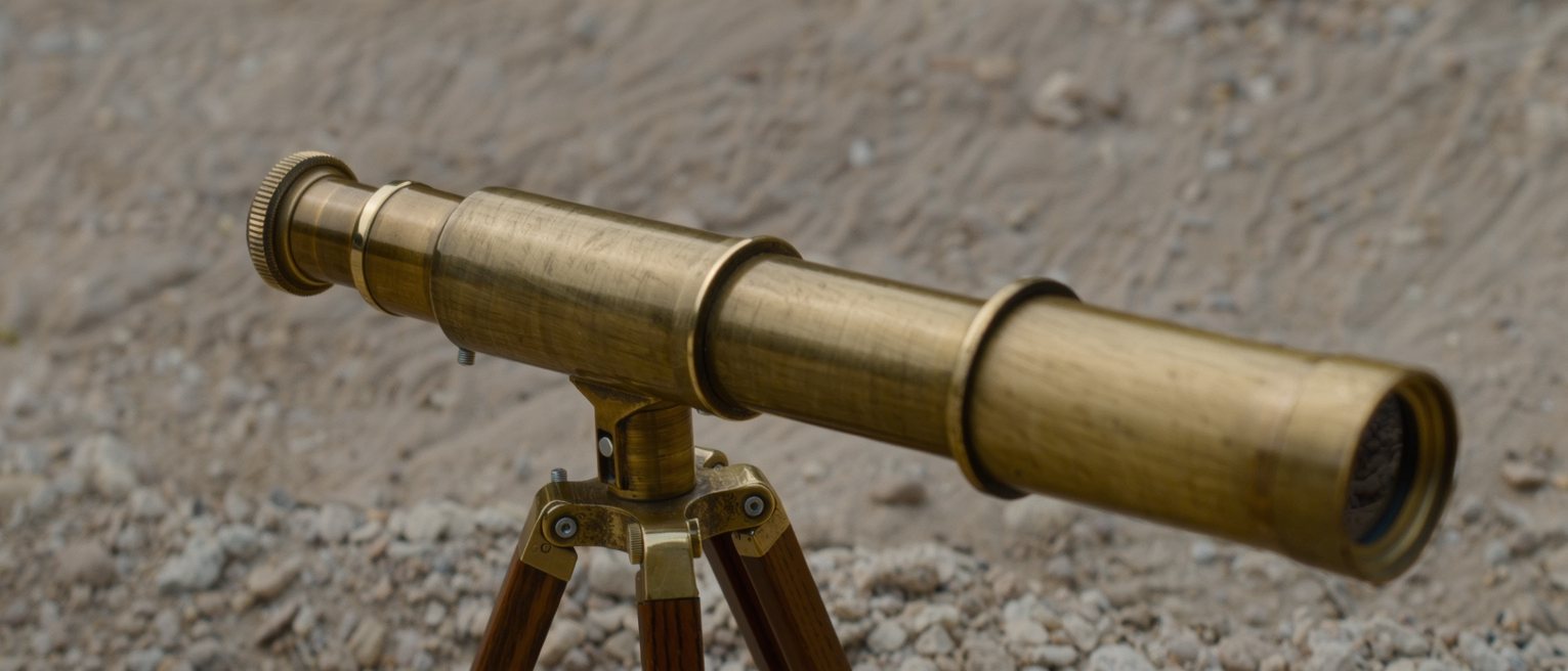 a brass spotting scope on a wooden tripod, its draw tube extended