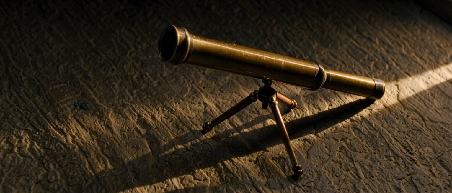 a brass spotting scope on a wooden tripod, its draw tube extended