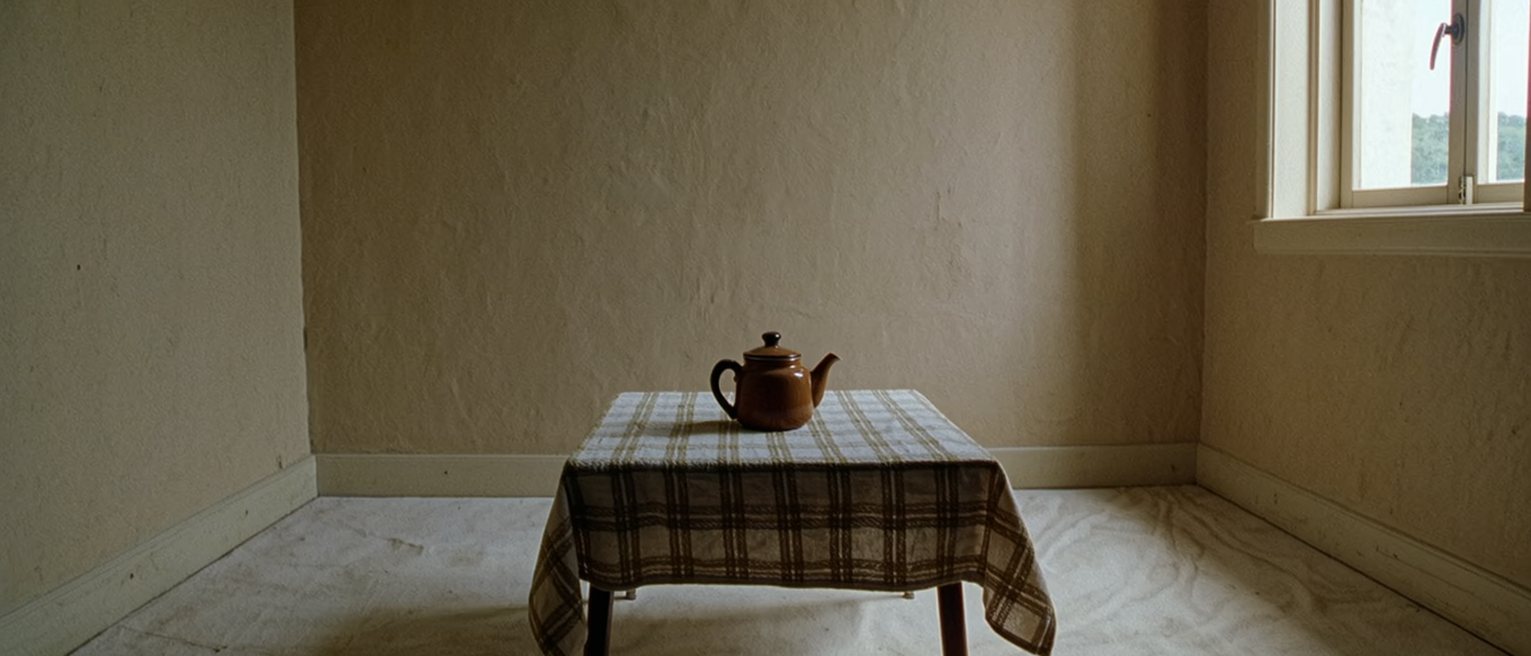 a small table set for two with a pot of tea and nothing else on it at all, no phones, no post, no keys