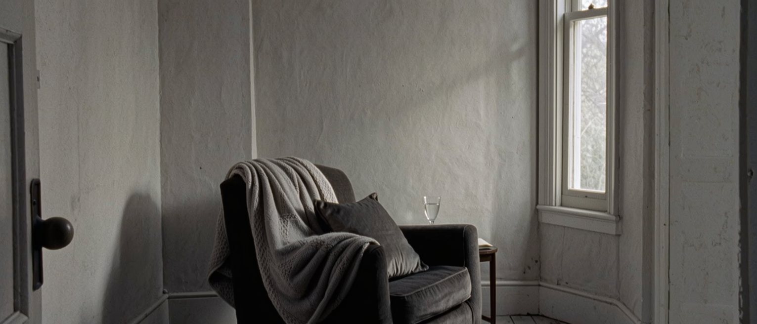 an armchair with a folded blanket and a plumped cushion, a side table with one glass of water, the room arranged so that whoever sits there is nobody's obligation for an hour