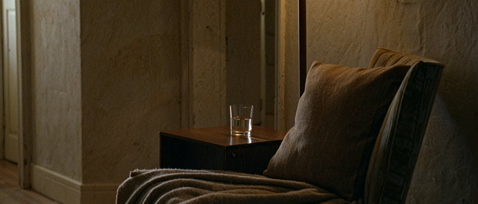 an armchair with a folded blanket and a plumped cushion, a side table with one glass of water, the room arranged so that whoever sits there is nobody's obligation for an hour
