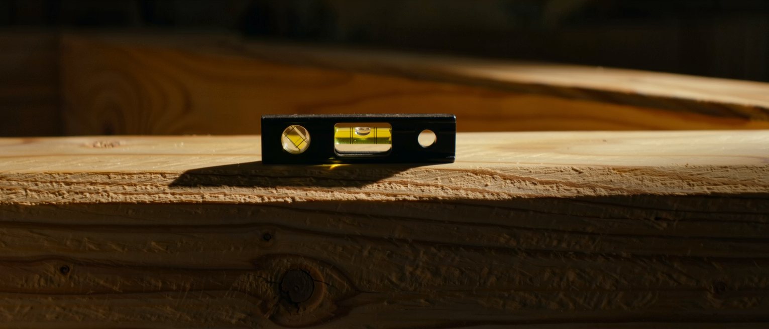 a spirit level resting true on a planed beam, the bubble dead centre