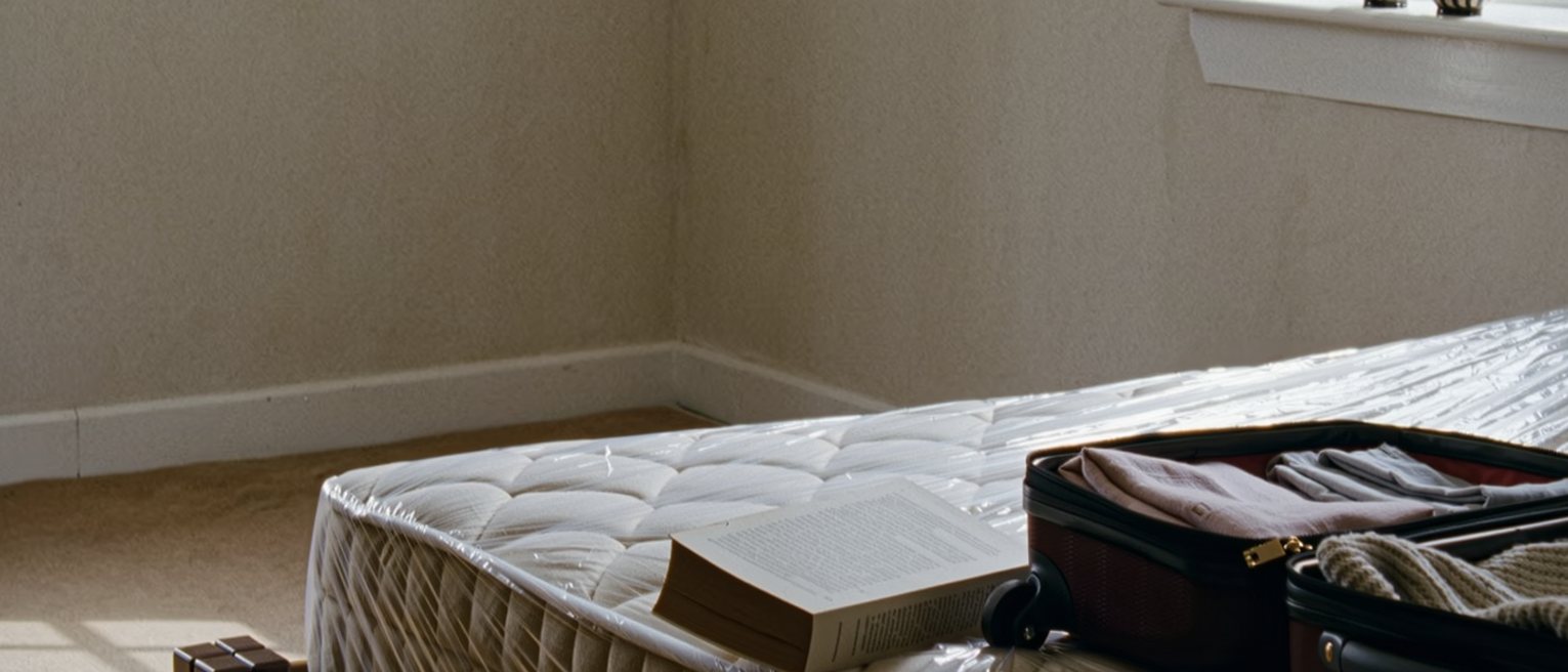 a bedroom seen close with the mattress stripped and sealed in plastic, a suitcase open with clothes folded in, a paperback face down and two mugs on the sill, the window close behind