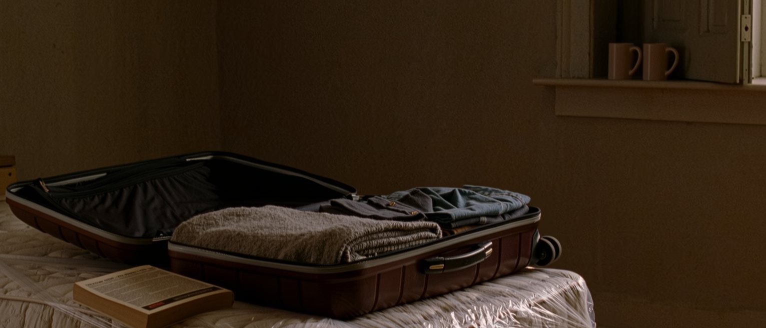 a bedroom seen close with the mattress stripped and sealed in plastic, a suitcase open with clothes folded in, a paperback face down and two mugs on the sill, the window close behind