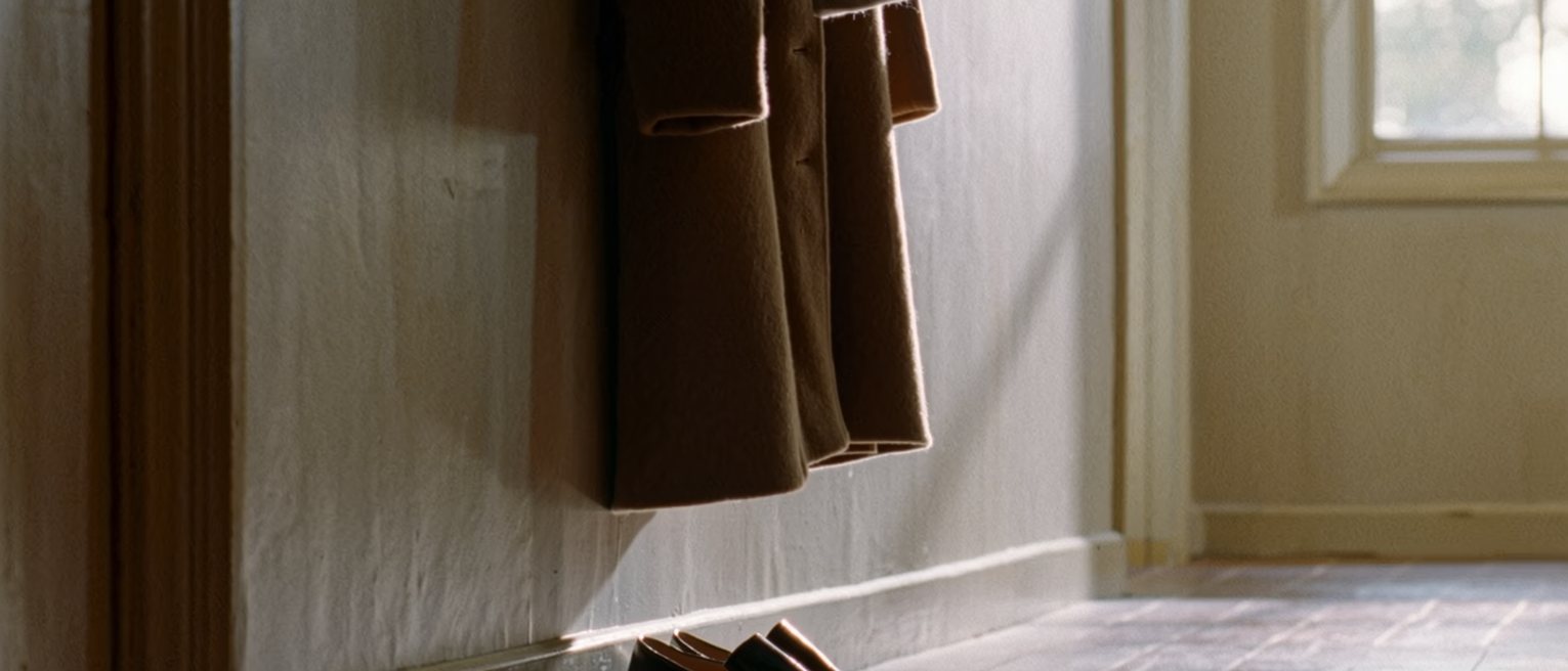 a hall with one good coat on the hook and one pair of good shoes beneath it, both kept, both dusted, neither worn for a season