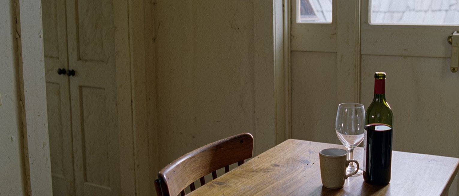 a kitchen table with a single cup, an open bottle of wine beside it and a second glass unpoured, the second chair pulled out and waiting