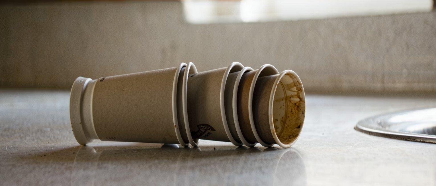 a stack of used coffee cups left beside a sink, not one of them rinsed