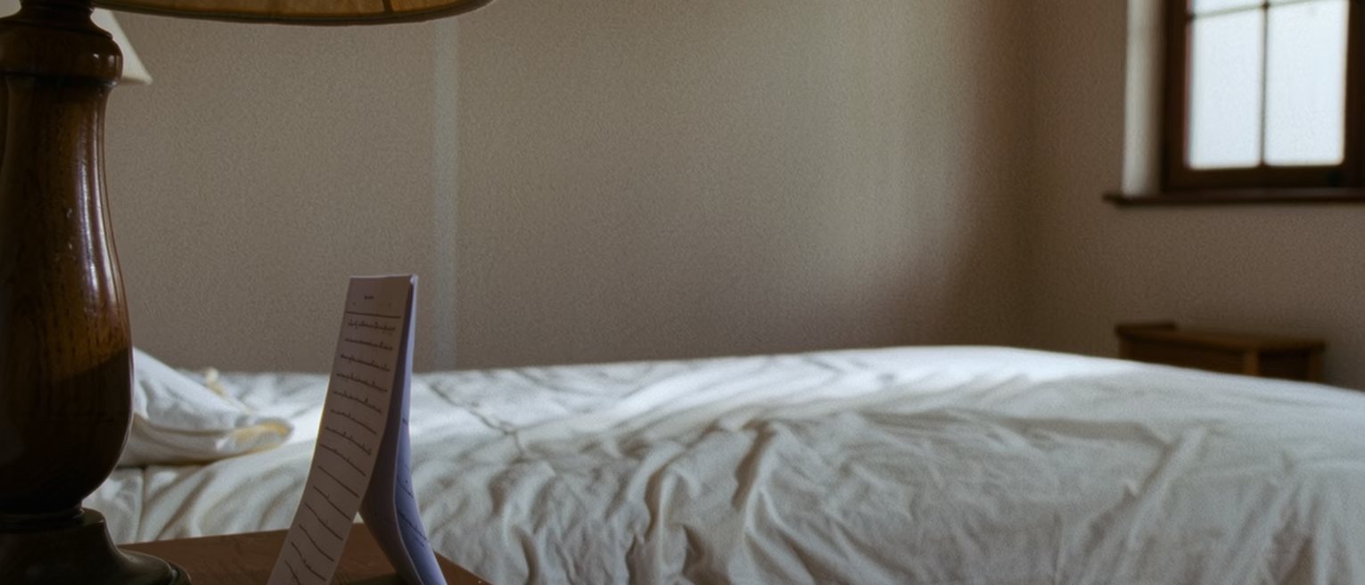 a bedside table with a folded note propped against the lamp, and the far side of the bed turned down ready