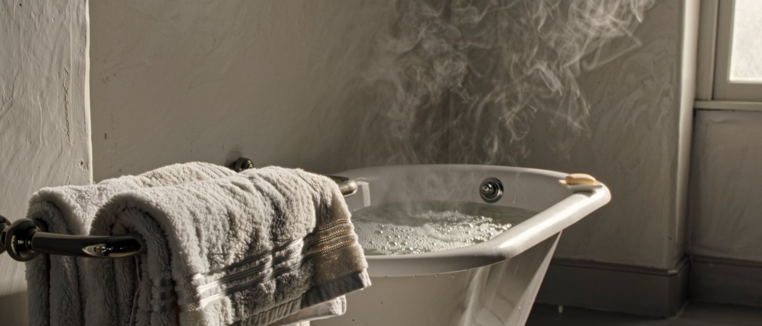 a bathroom with two towels warming on the rail and the bath run and still steaming, a cake of soap set on the edge