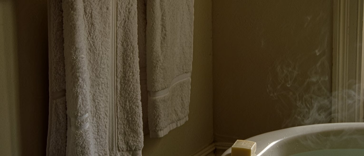 a bathroom with two towels warming on the rail and the bath run and still steaming, a cake of soap set on the edge