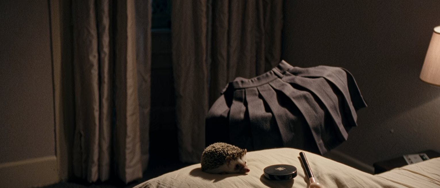 a bedroom seen close with a small plush hedgehog on the pillow, a plastic magic wand and a compact with the powder used up, a pleated uniform skirt folded on the chair, the curtain soft behind
