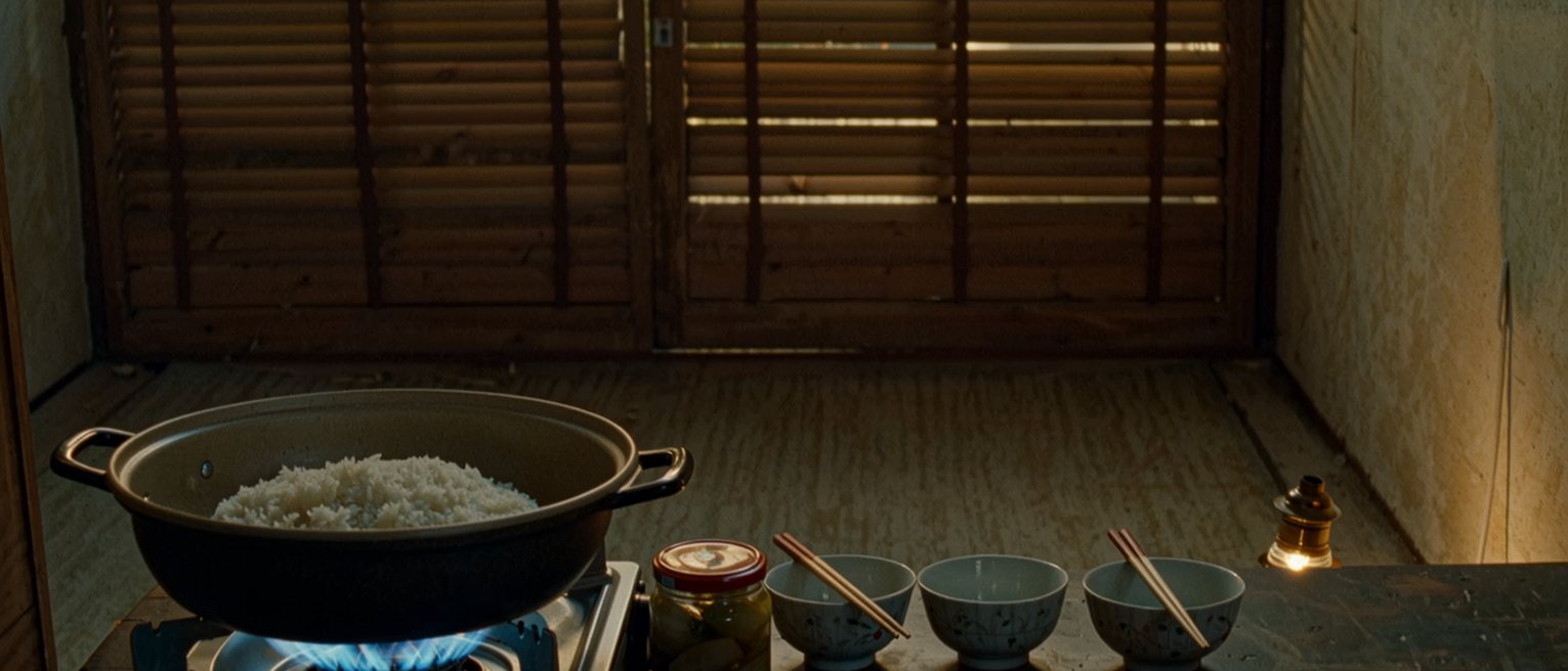 a mountain kitchen seen close with a pot of rice on the stove, three bowls and three pairs of chopsticks laid at one end of the table, a jar of pickles and a torch, the wooden shutters soft behind