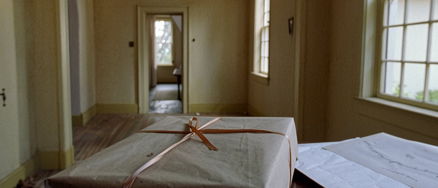 a wrapped gift set down on a hall table beside an unopened letter, its ribbon still perfect