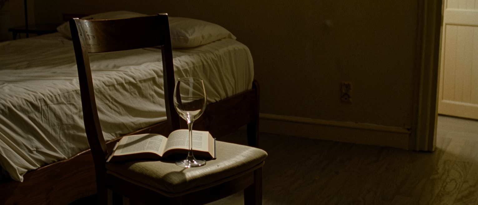 a bedroom with the covers still made and a single chair pulled to the bedside, a book left open on it and a glass of wine untouched