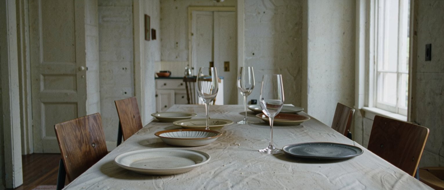 a kitchen table close in at the end of a long supper for six, plates and mismatched wine glasses still where they were set down, every chair still standing on the floor and turned out from the table at its own angle