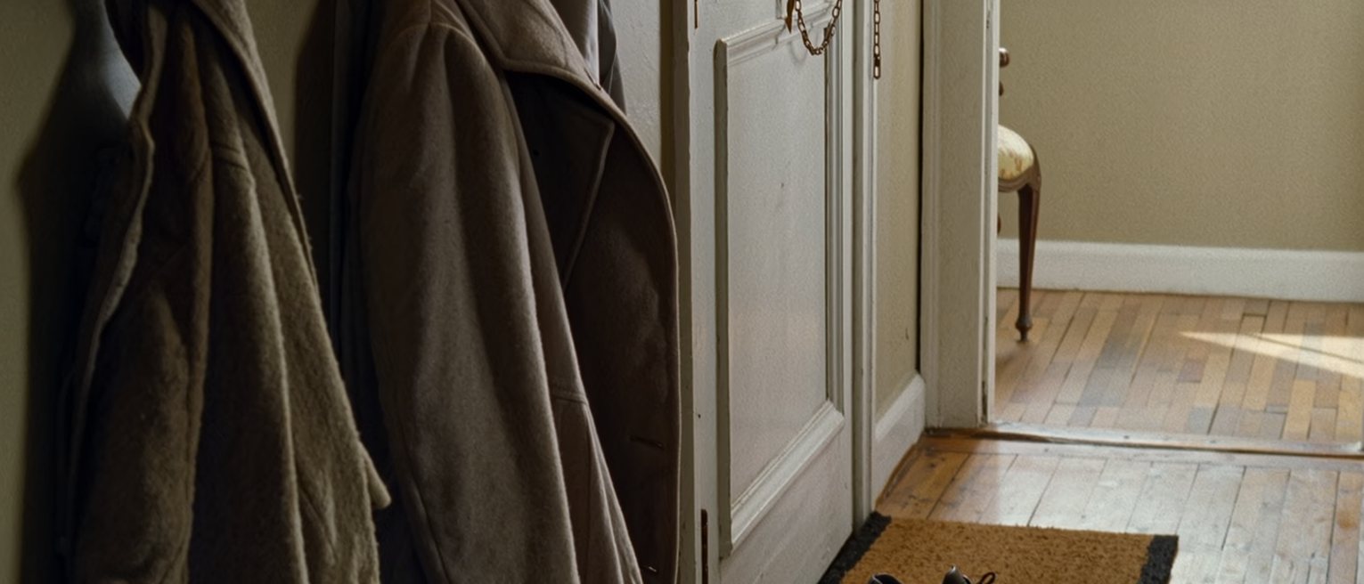a hall seen close with two coats on the hooks, one much older than the other, two pairs of walking shoes on the mat and a set of keys on the console, the door with its chain soft behind