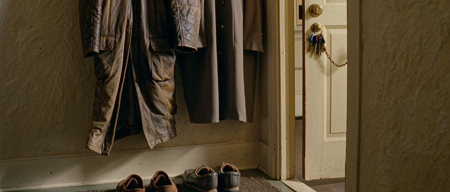 a hall seen close with two coats on the hooks, one much older than the other, two pairs of walking shoes on the mat and a set of keys on the console, the door with its chain soft behind