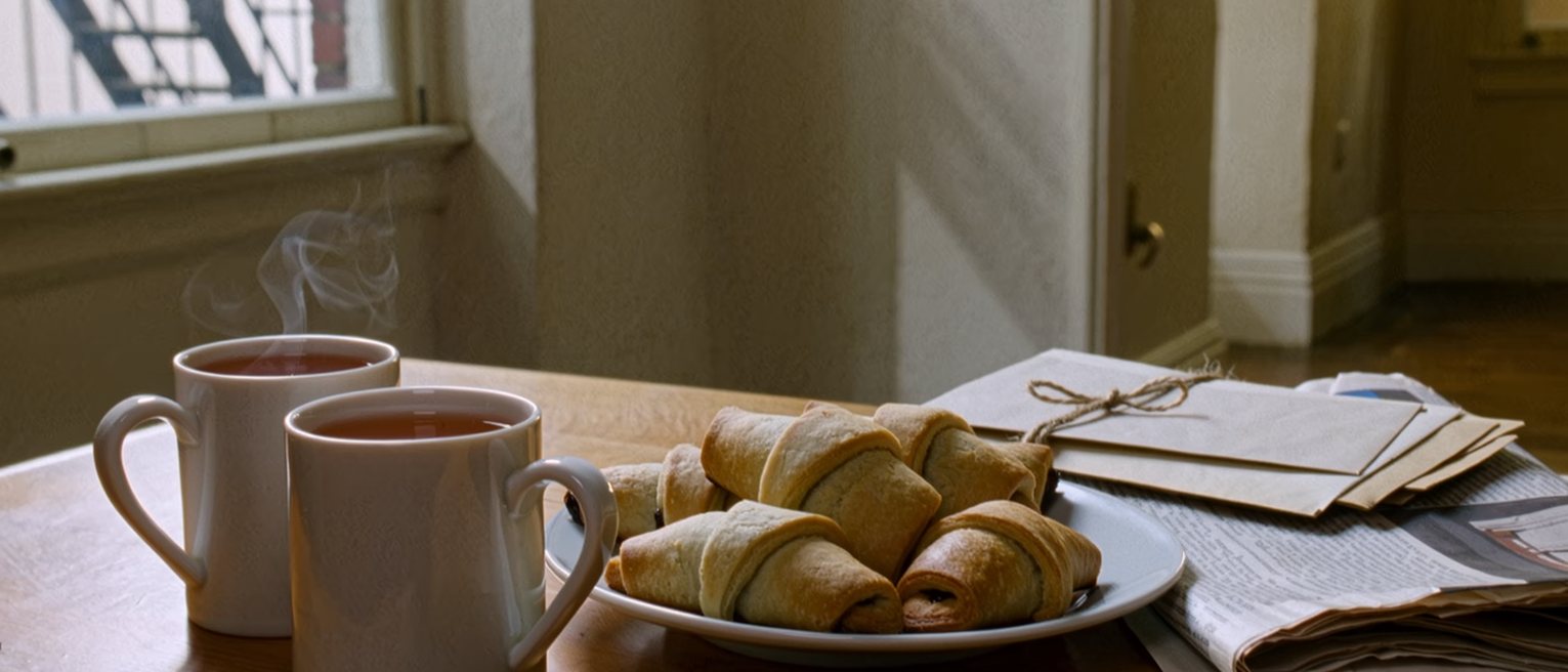 a kitchen table seen close with two cups of tea, a plate of rugelach, a folded newspaper and a bundle of letters tied with string, the window onto the fire escape close behind