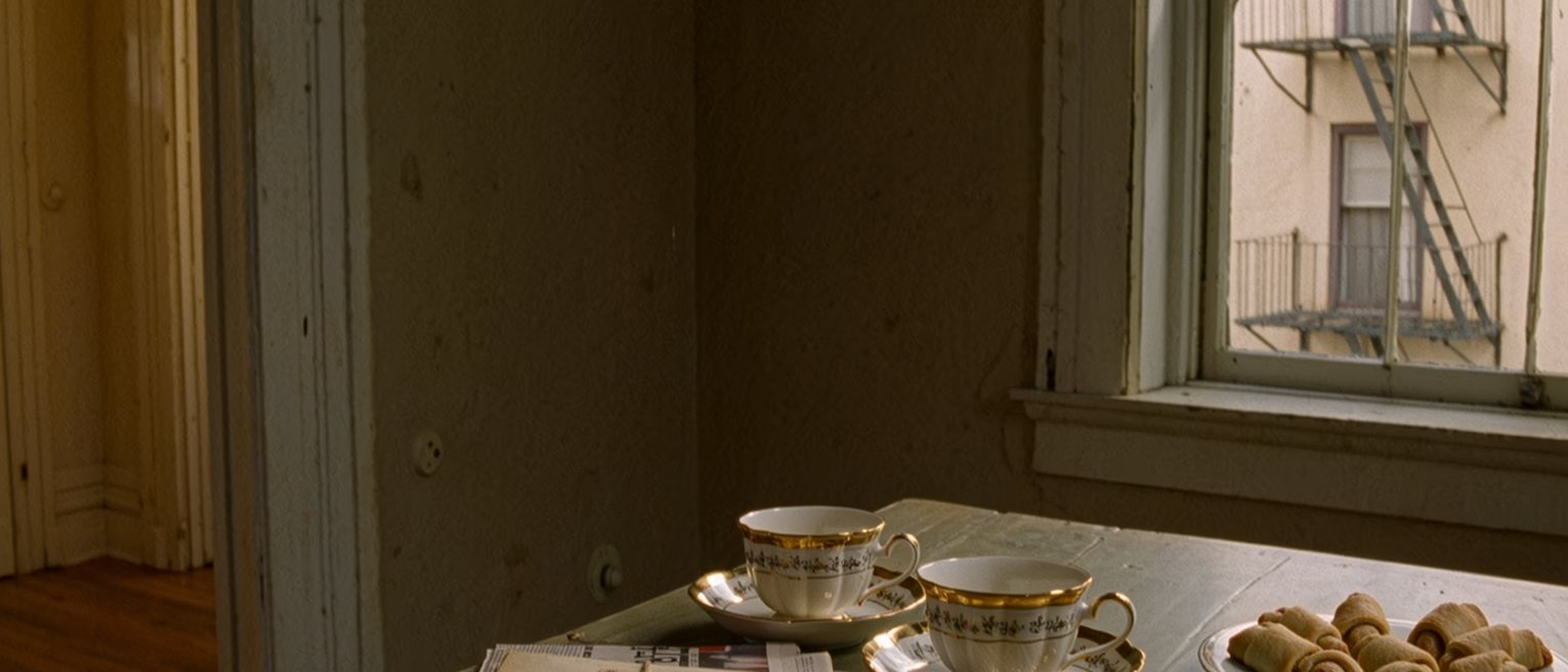 a kitchen table seen close with two cups of tea, a plate of rugelach, a folded newspaper and a bundle of letters tied with string, the window onto the fire escape close behind