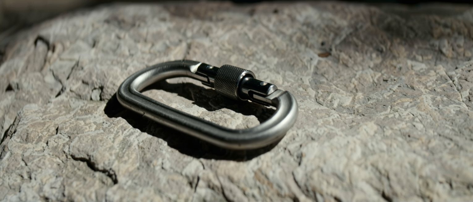 a steel climbing carabiner lying on rock, its sprung gate closed and the locking sleeve turned down