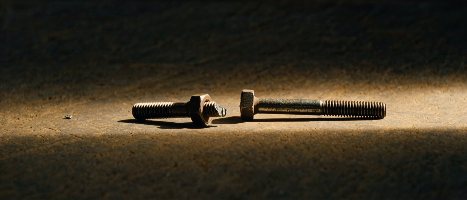 a snapped steel bolt and a bolt worn thin with use, lying side by side