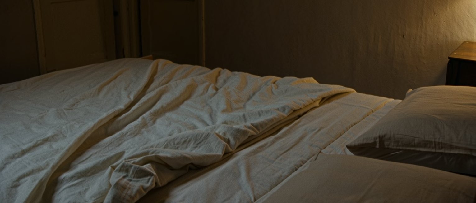 a bedroom where a new set of good linen has been put on the bed and the folds from the packet still show across it
