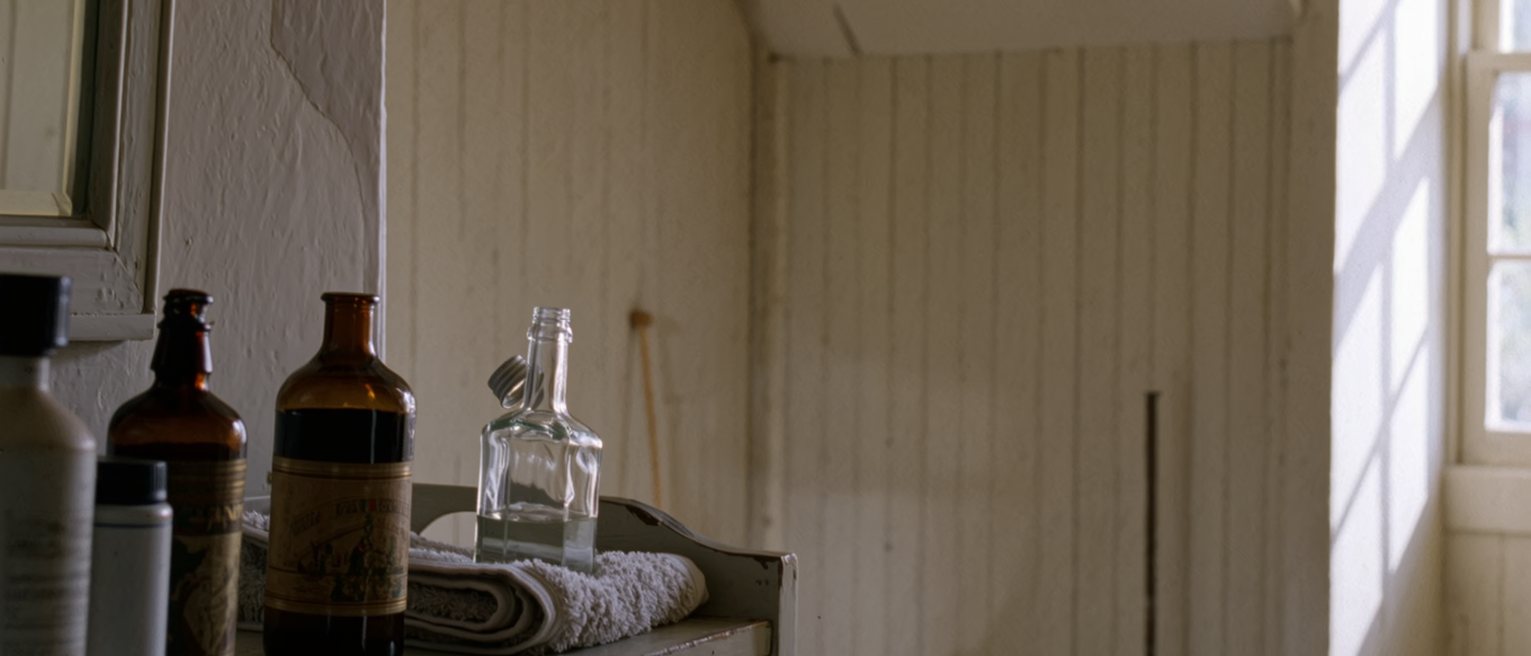 a bathroom shelf with a new bottle standing beside the old ones, its seal only just broken, a folded towel set ready underneath