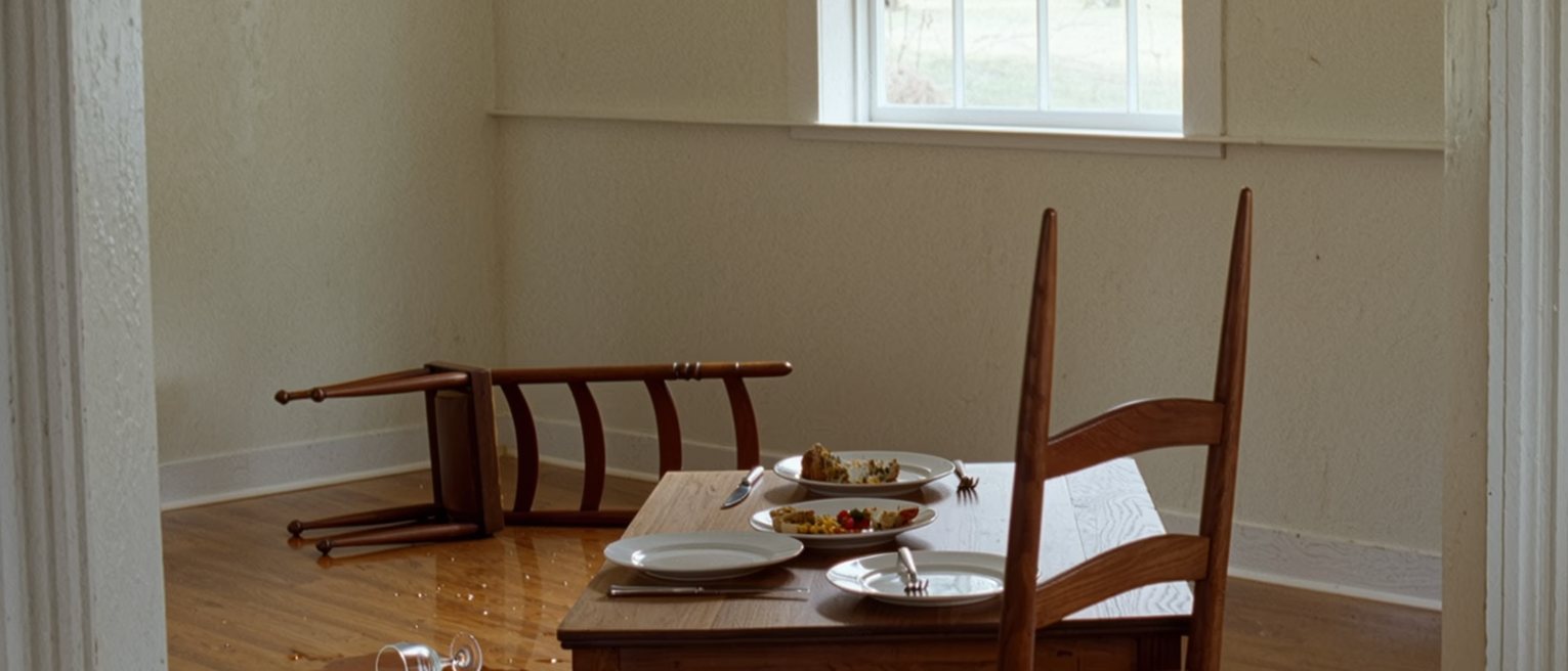 a dining table seen close after a lunch for four left mid-meal, the plates half eaten and the forks dropped, a chair knocked over beside the table, a spilled glass soaking the cloth and the window soft behind