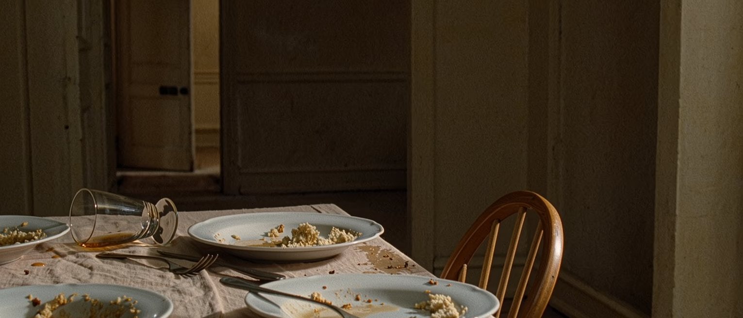 a dining table seen close after a lunch for four left mid-meal, the plates half eaten and the forks dropped, a chair knocked over beside the table, a spilled glass soaking the cloth and the window soft behind