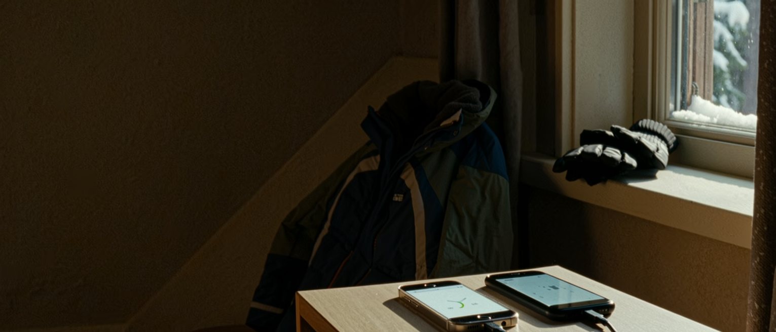 a bedroom seen close with two phones charging side by side on the bedside table, a ski jacket over the chair and a pair of gloves on the sill, snow on the glass behind