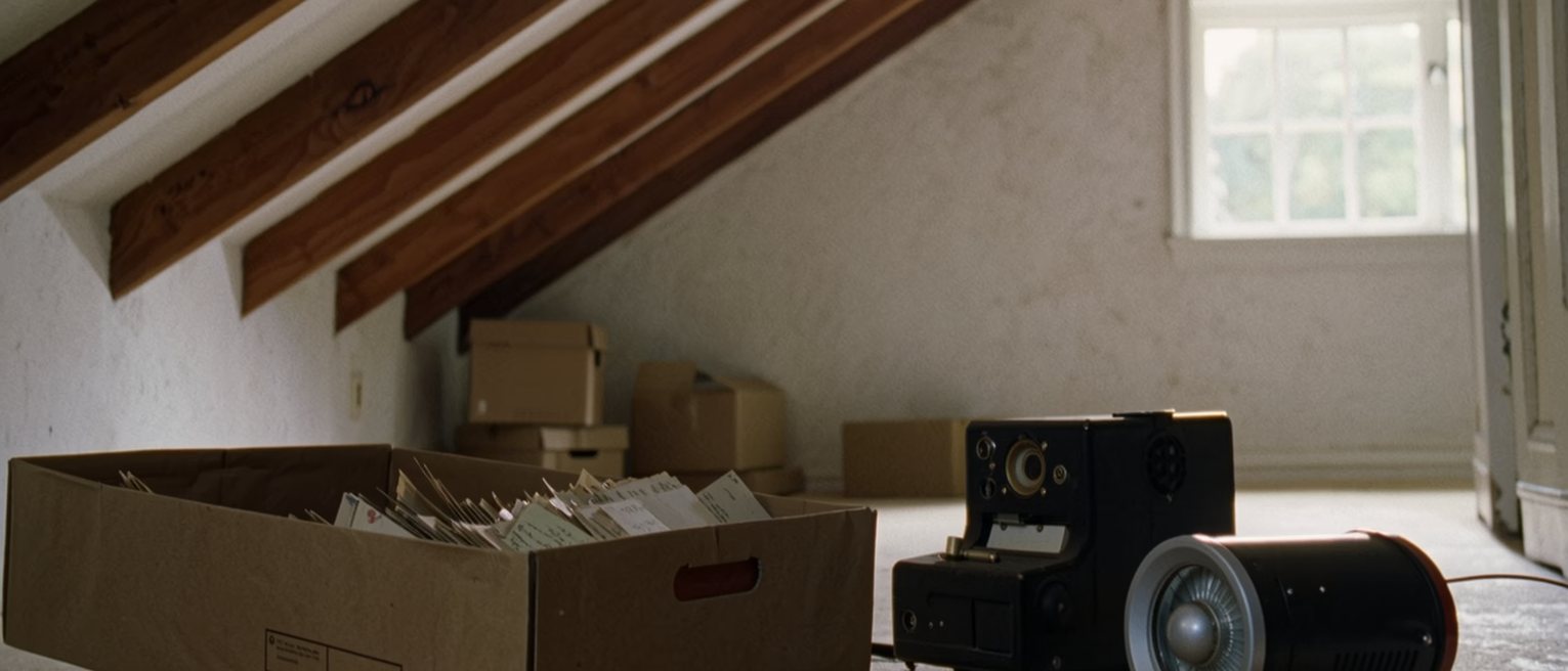 an attic seen close with a shoebox of old letters open on the floor, a slide viewer beside it and a torch, the rafters and a stack of boxes soft behind