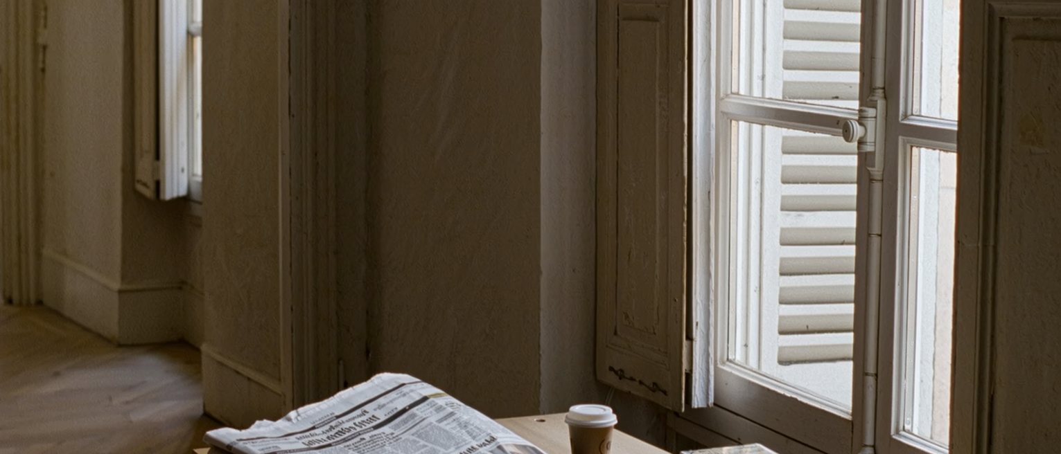 a Paris flat's desk seen close with a newspaper folded to a courtroom report, a pair of reading glasses on it, a coffee cup and a stack of paperbacks, the tall shuttered window soft behind
