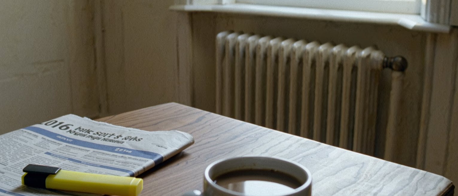 a kitchen table seen close with a printed copy of the criminal code open at one section, a highlighter and a cup of coffee, a folded newspaper from 2016 and the radiator soft behind
