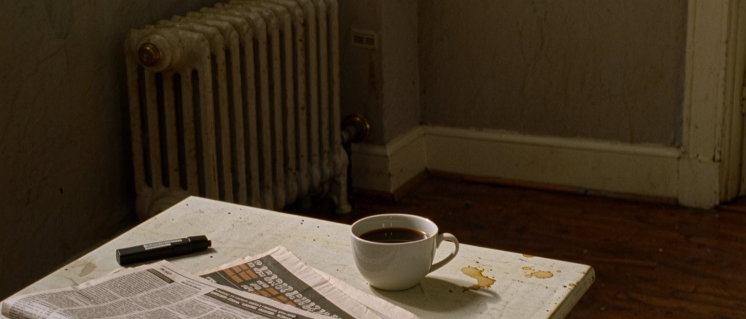 a kitchen table seen close with a printed copy of the criminal code open at one section, a highlighter and a cup of coffee, a folded newspaper from 2016 and the radiator soft behind