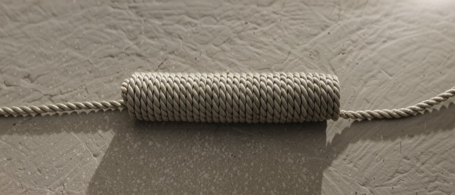 a coil of rope hung on a peg, flaked down ready to run out cleanly