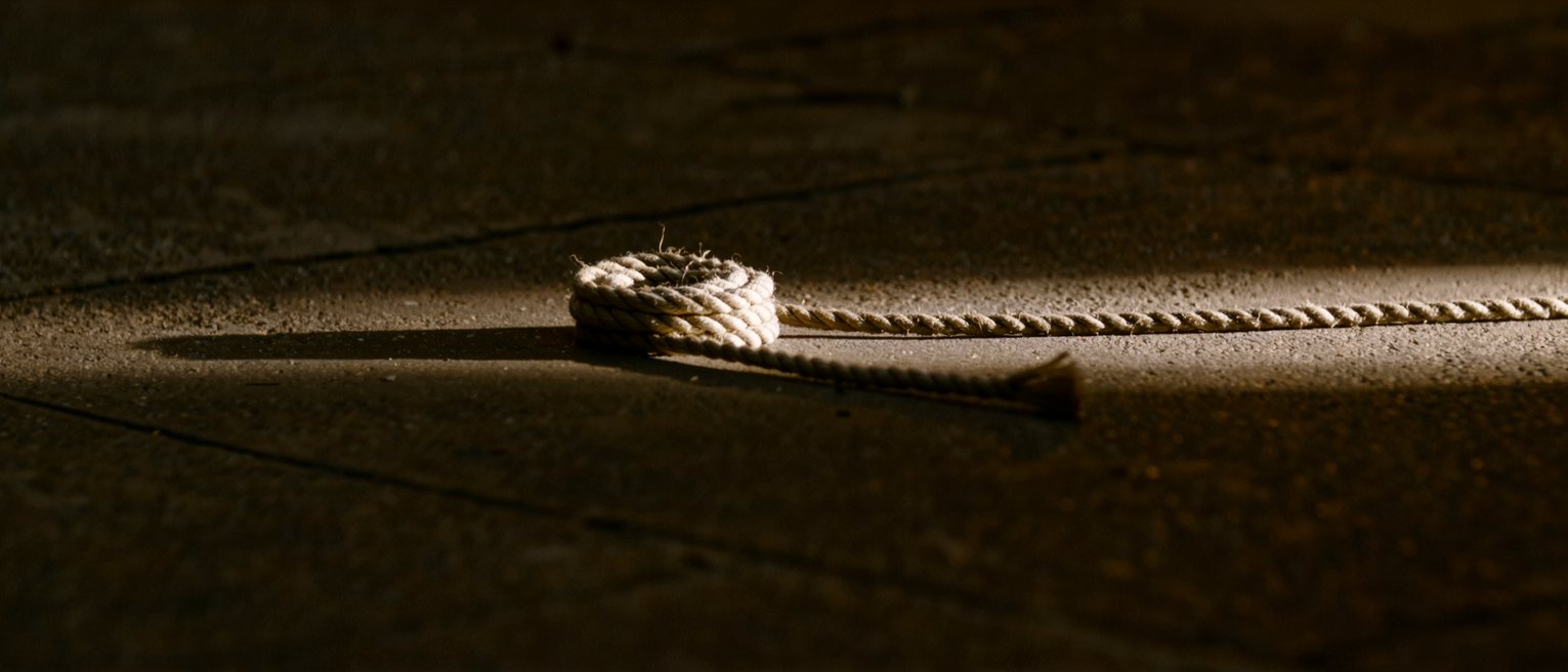 a coil of rope hung on a peg, flaked down ready to run out cleanly