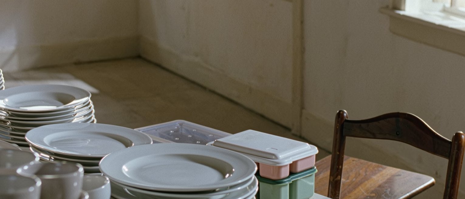 a kitchen after everything has been done: the counters wiped, the dishes racked, a lunchbox packed and closed, and one chair pulled out at the empty table