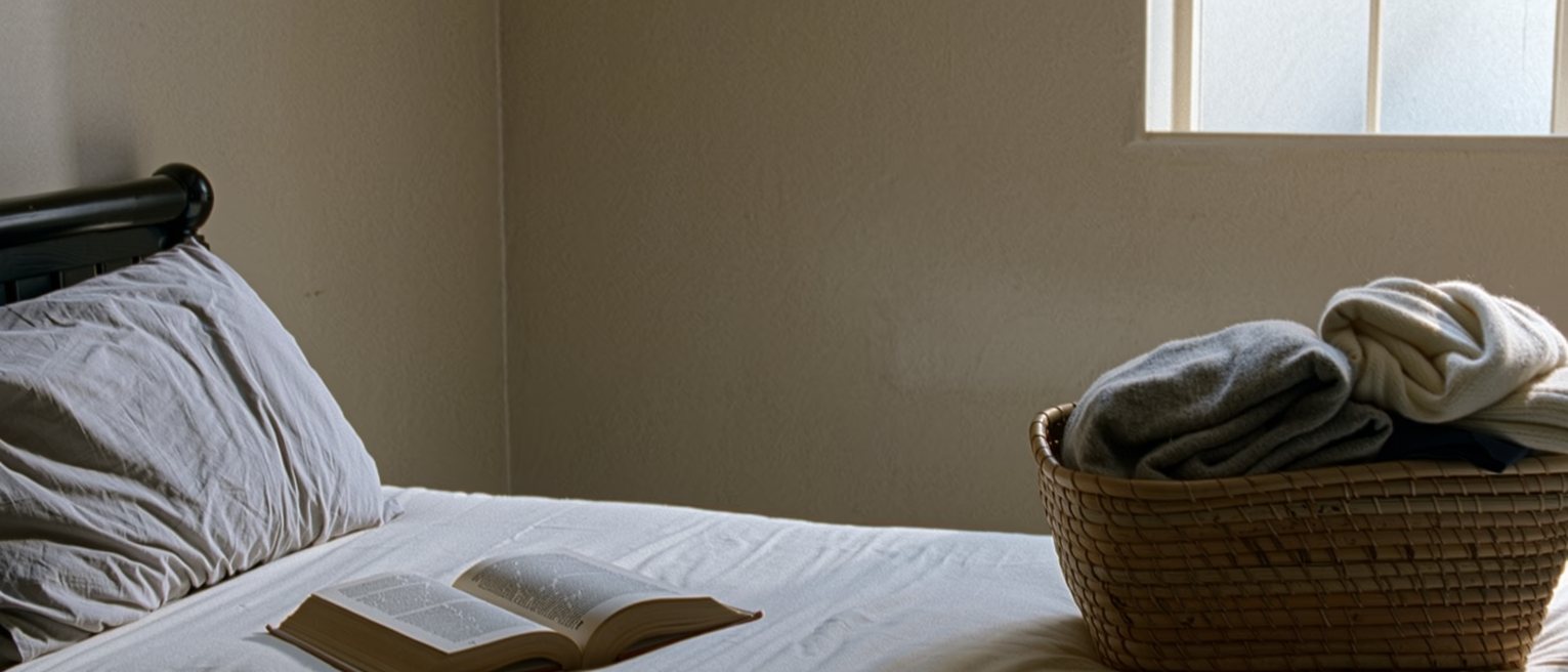 a bedroom with a novel left open face down on the pillow and a basket of folded laundry set on the end of the bed