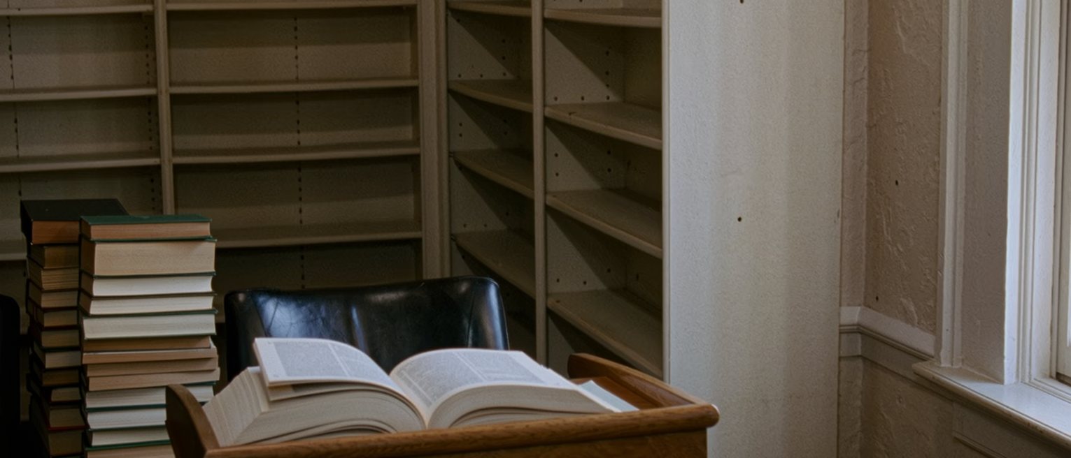a library room seen close, a lectern with a bound book open on it, a stack of bound books with their spines turned to the wall and a single chair set close before it, the shelves soft behind