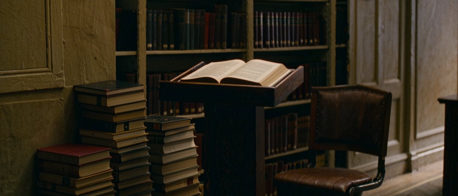 a library room seen close, a lectern with a bound book open on it, a stack of bound books with their spines turned to the wall and a single chair set close before it, the shelves soft behind