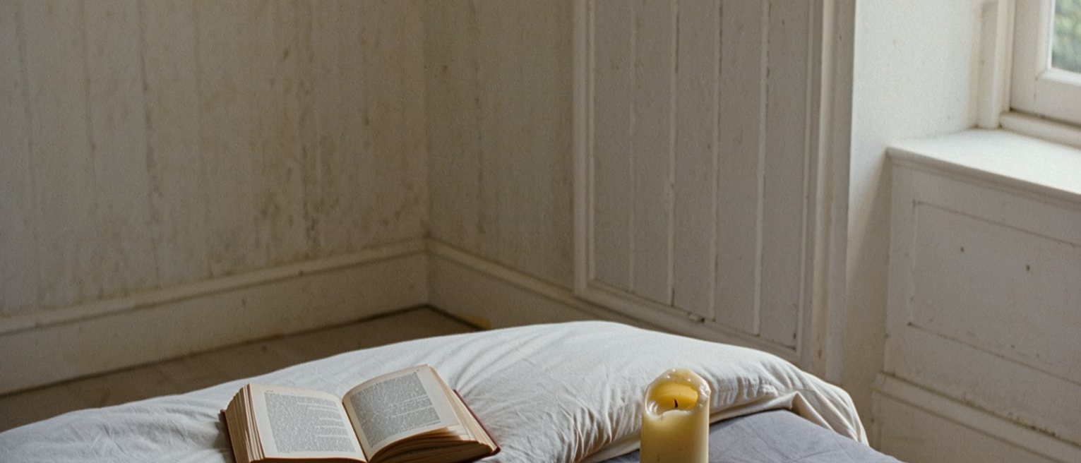 a bedroom with a book lying open and face down on the pillow, a candle burned down and a pair of scissors beside a cut ribbon