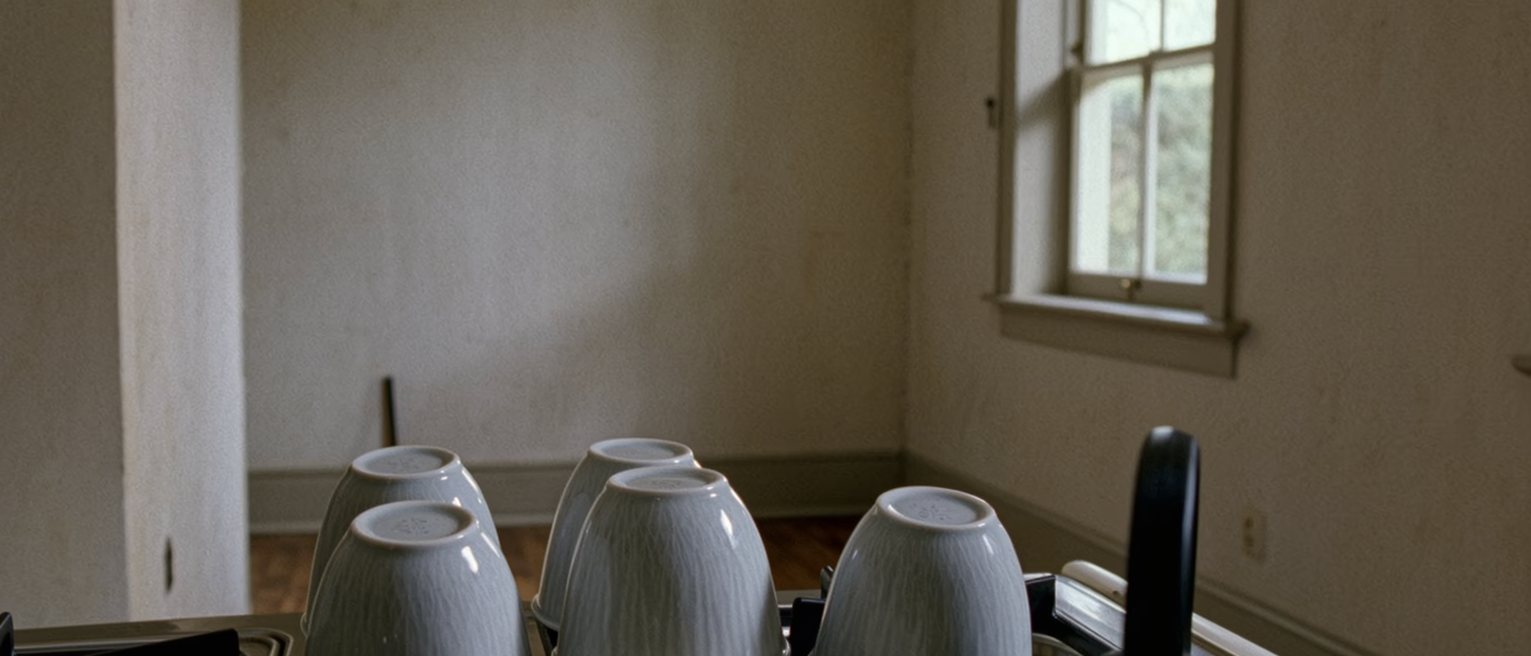 a kitchen seen close with four cups washed and left upturned on the rack, a folded note under one of them and a kettle, the window soft behind