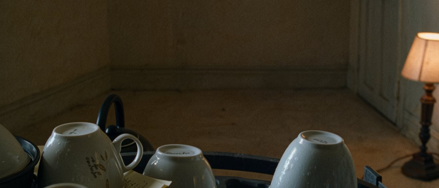 a kitchen seen close with four cups washed and left upturned on the rack, a folded note under one of them and a kettle, the window soft behind