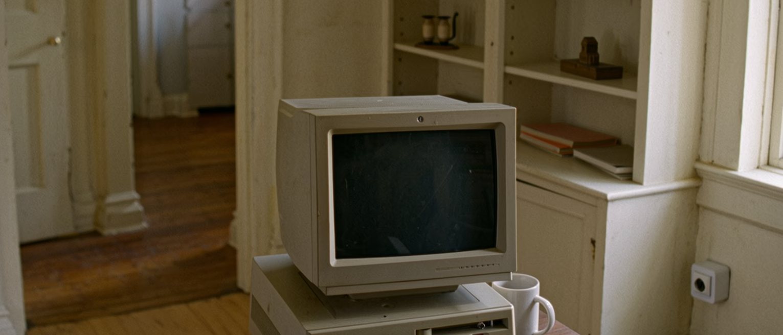 a desk crowded close: a boxy beige computer with its monitor switched off, a keyboard, a phone cable trailing to the wall socket, a mug with a ring under it and a stack of papers beside the keyboard, the shelves behind soft