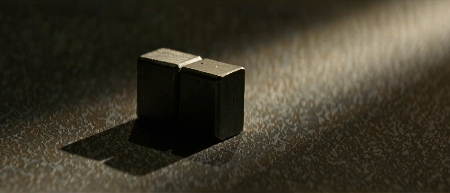 two lapped steel gauge blocks, their faces smooth and unstamped, wrung together into one body, the joint invisible